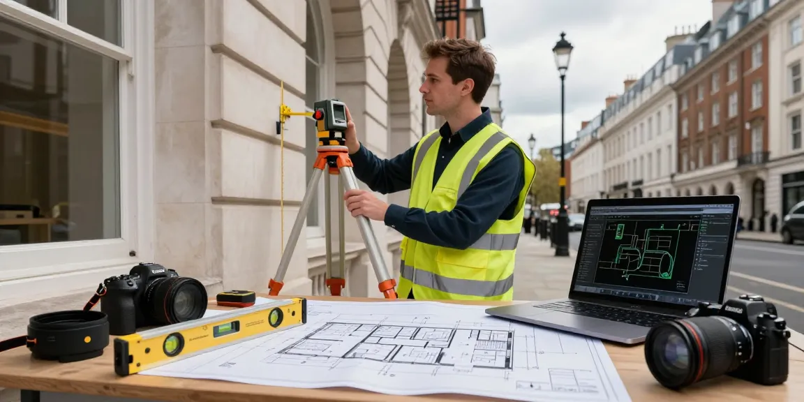 Measured building surveyors taking precise measurements in London, with detailed plans and modern surveying equipment.