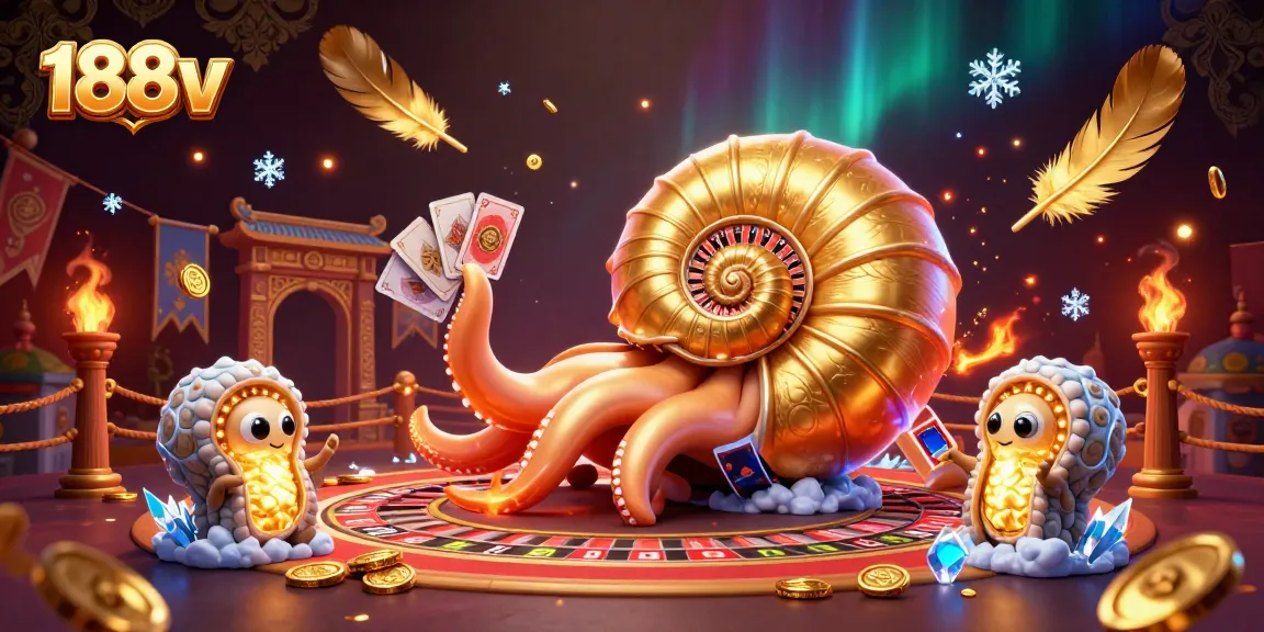 Experience the thrill at 188v with the giant nautilus as a roulette wheel surrounded by glowing companions and golden tokens.