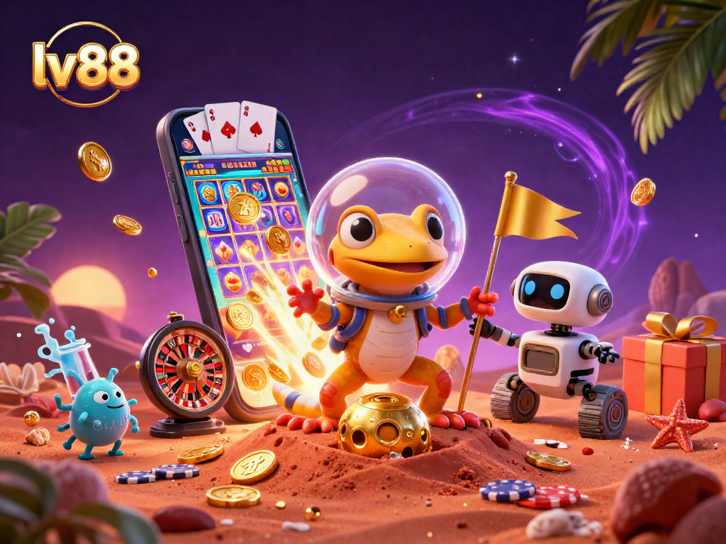 lv88 showcases a Martian gecko excitedly gambling amidst gold coins and vibrant casino elements.