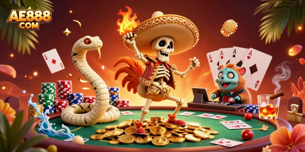 Engage in thrilling play at AE888 COM with vibrant characters celebrating on golden coins.