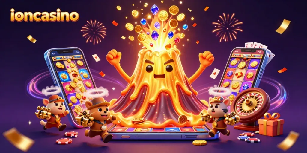 Engage with ioncasino's vibrant eruption of fun and treasure in this lively casino-themed illustration.