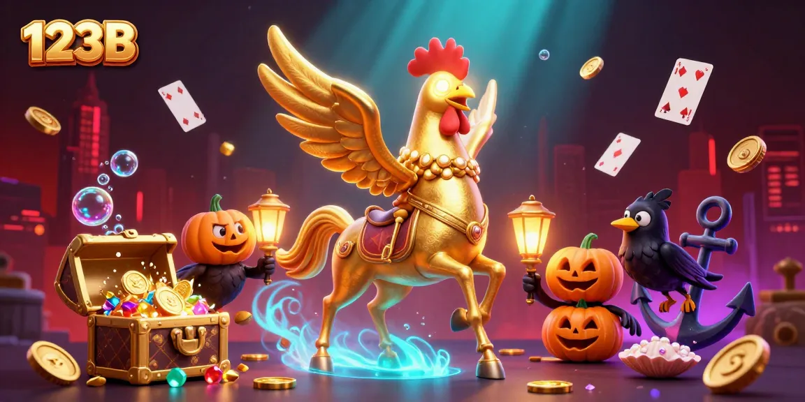 Win big with 123B's thrilling golden rooster illustration in a midnight casino adventure.