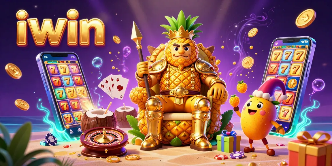 Experience the vibrant iwin scene with a golden pineapple king ruling over a beach casino while jackpot wins unfold.