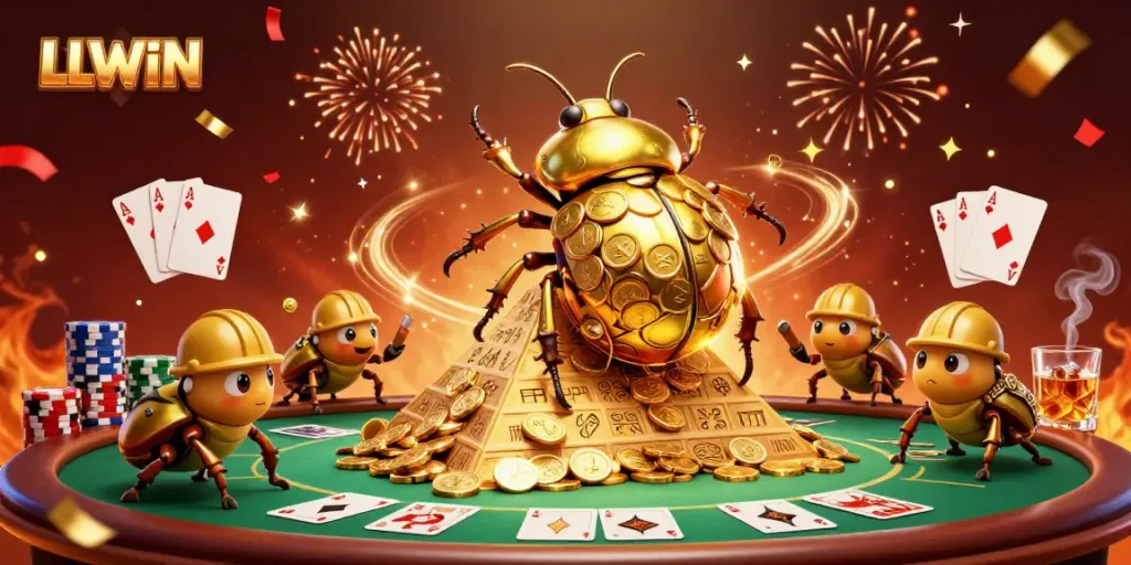 Experience the excitement of LLWIN with dynamic casino elements in a vibrant casino-themed illustration.