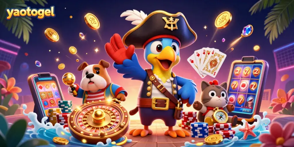 Experience exciting wins at yaotogel with a vibrant casino scene featuring gaming elements and dynamic characters.