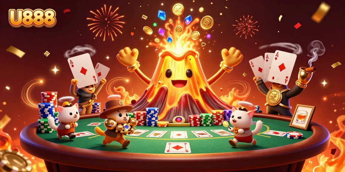 Experience thrilling gameplay with U888 at a vibrant, action-packed casino scene featuring a volcano erupting coins.