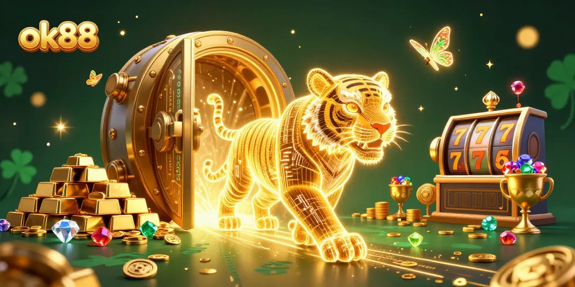 Engage with the ok88 digital casino adventure featuring a golden tiger among treasures.