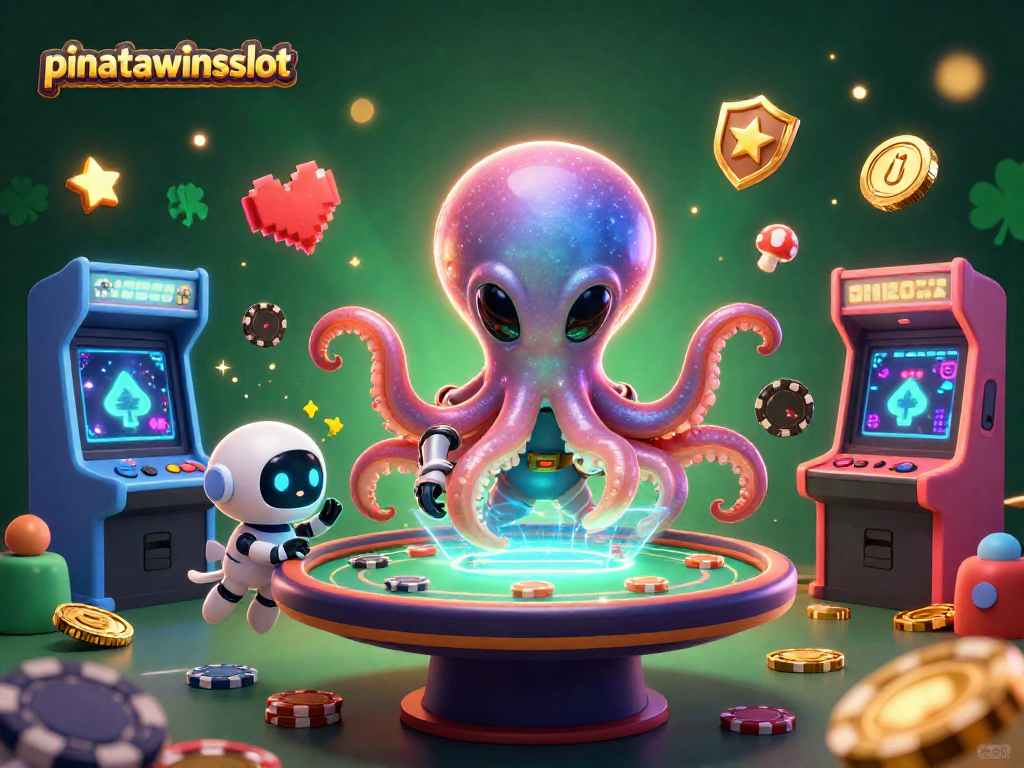 Win big with pinatawinsslot in a vibrant 3D gaming scene featuring alien characters.