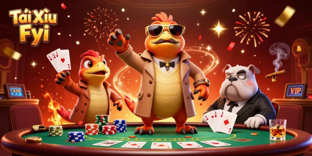Tài Xỉu Fyi scene showcasing three raptors in a trench coat trying to enter a casino lounge.