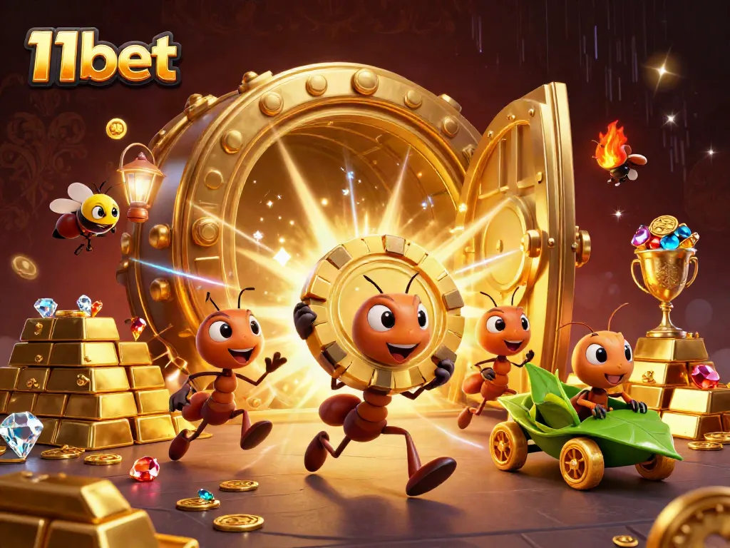Ants successfully navigating a heist for a giant golden poker chip in an exciting casino heist scene for 11bet.