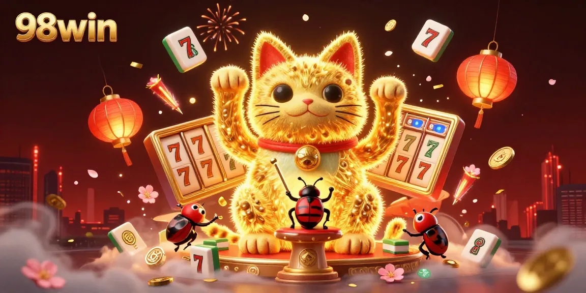 Win big at 98win with a vibrant scene of a lucky cat and casino symbols, showcasing exciting gameplay.