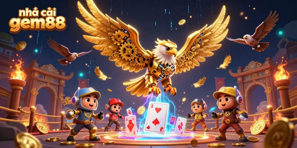 Engaging scene from nhà cái gem88 showcasing a cybernetic eagle and holographic playing cards in a rich casino atmosphere.
