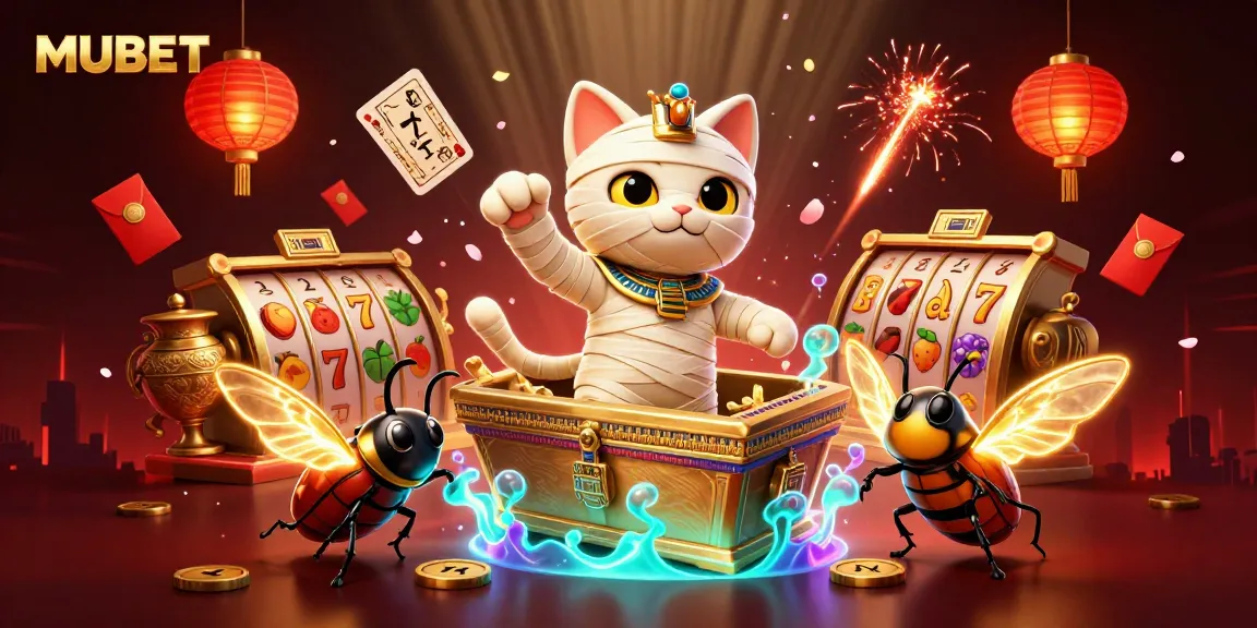MUBET's vibrant 3D illustration showcases a mummy cat and a scarab in a lively casino setting.