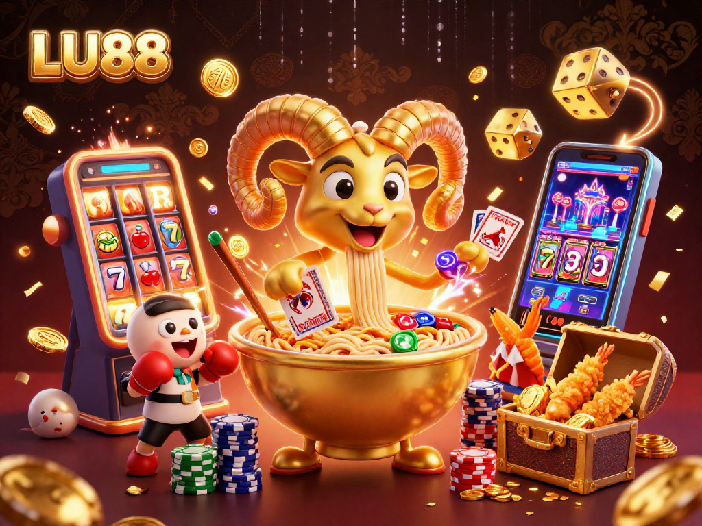 LU88's vibrant casino scene illustrates spirited gameplay with colorful slot machines and animated characters.