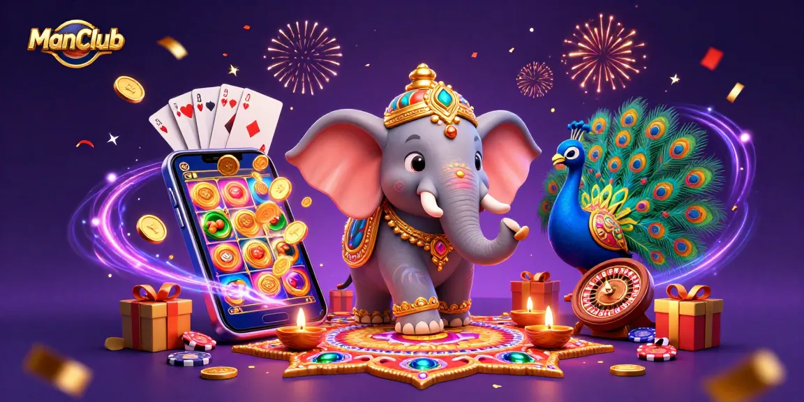 Experience thrilling games at ManClub with vibrant casino elements and celebratory visuals.
