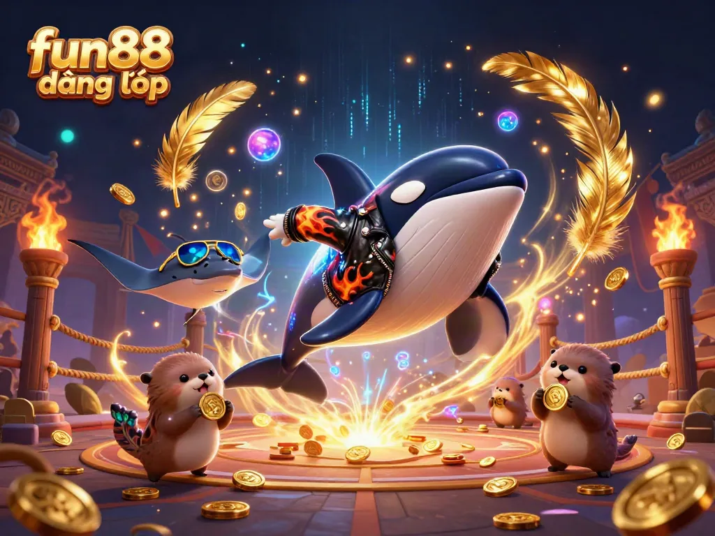 Experience fun88 đăng nhập with this vibrant 3D illustration of gaming elements and underwater characters.