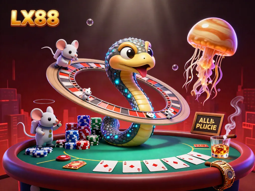 Experience the LX88 magic with a vibrant cosmic casino scene featuring a snake roulette wheel and betting mice.