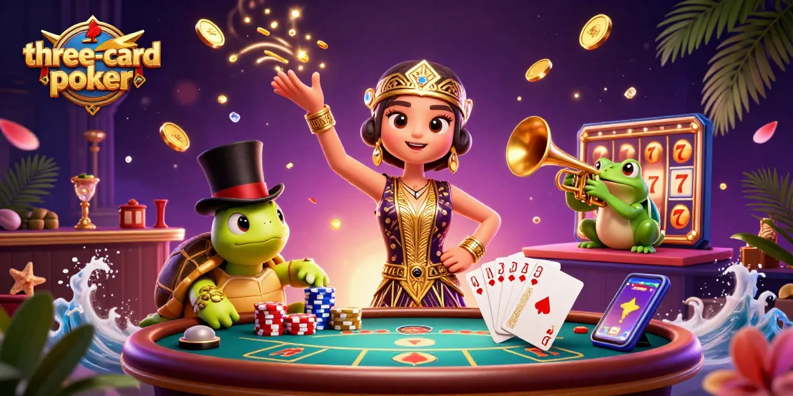 Experience exciting three-card-poker action with vibrant characters at a lively casino scene.