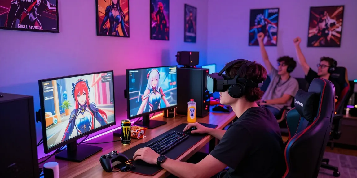 Player enjoying ecchi games online in a lively gaming room with friends.