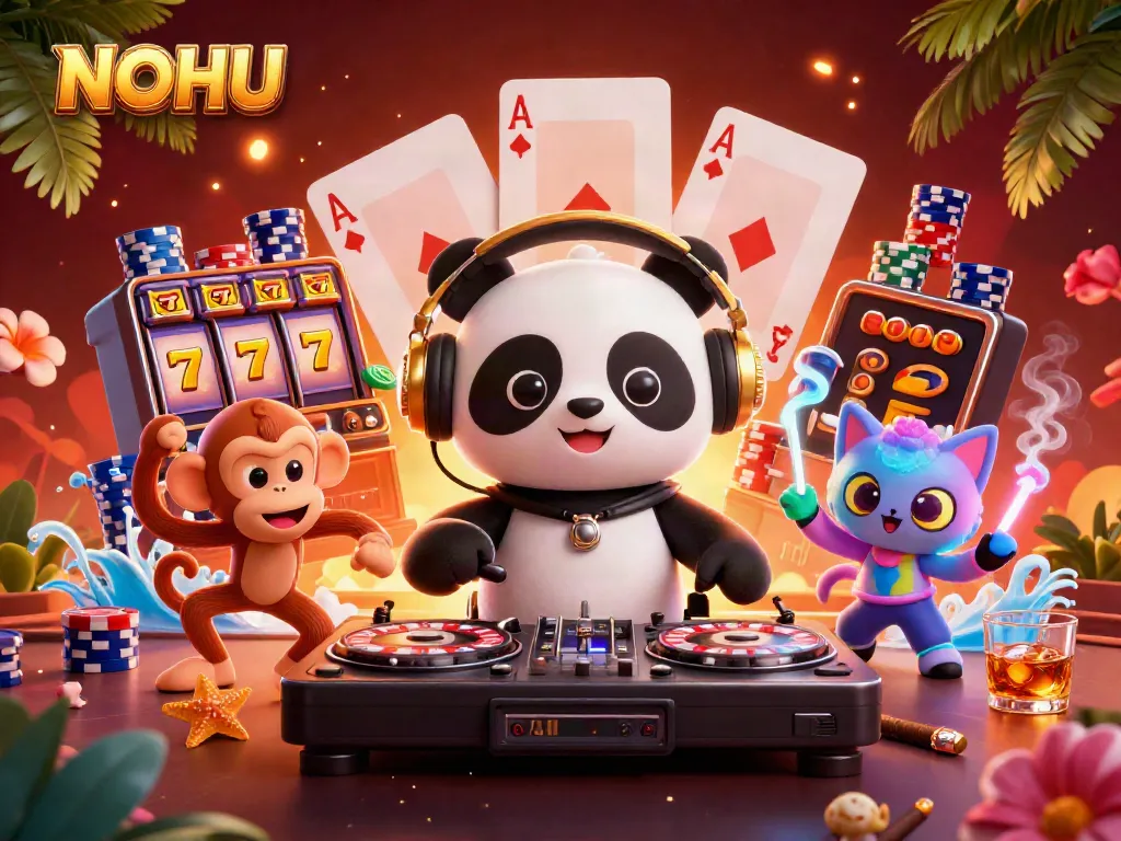Experience excitement at NOHU with vibrant slot reels and animated casino characters.