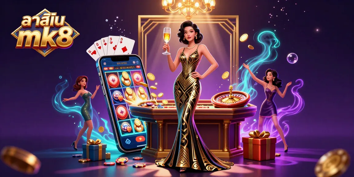 Experience excitement at คาสิโน mk8 with a glamorous woman celebrating casino wins amidst lively gaming elements.