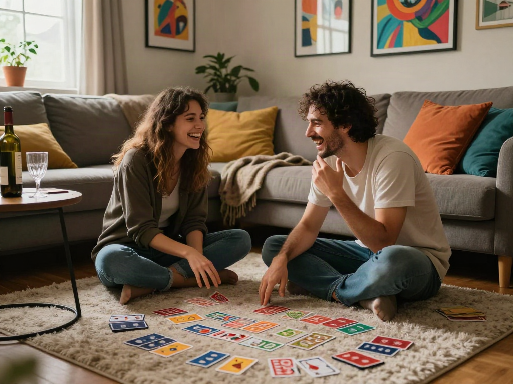 Playful couple enjoying a sex game night in a cozy living room