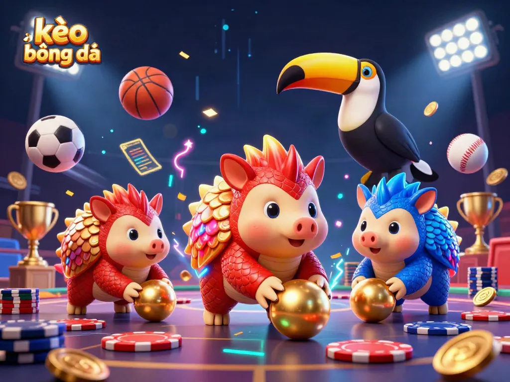 Engage in kèo bóng đá with our dynamic pangolin duel featuring betting slips and sports balls.