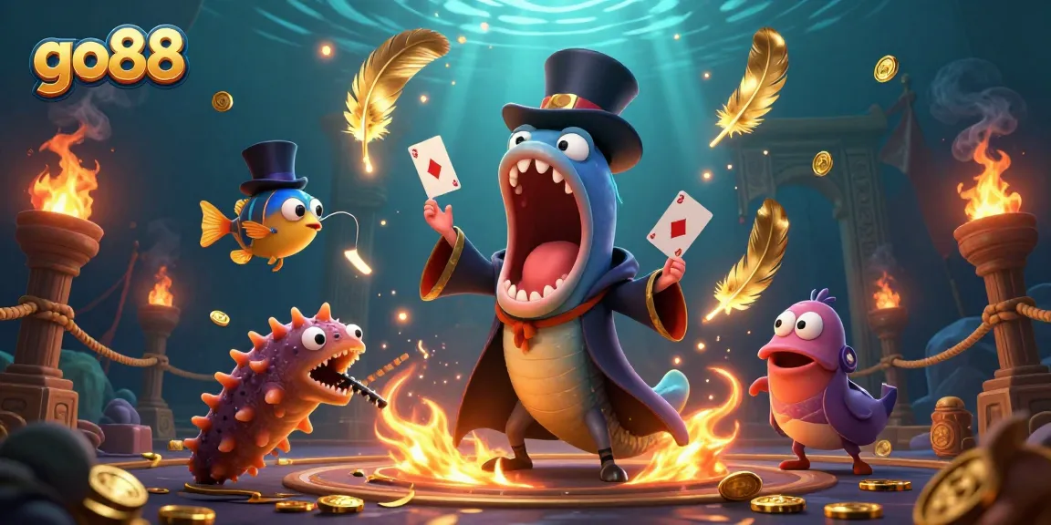 Experience the excitement of go88 with a 3D illustration featuring colorful sea creatures performing magic tricks in a vibrant casino setting.