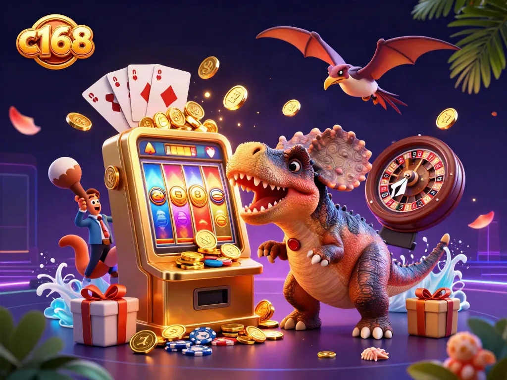 c168 slots jackpot scene featuring a dinosaur celebrating winnings amid golden coins and vibrant gaming elements.