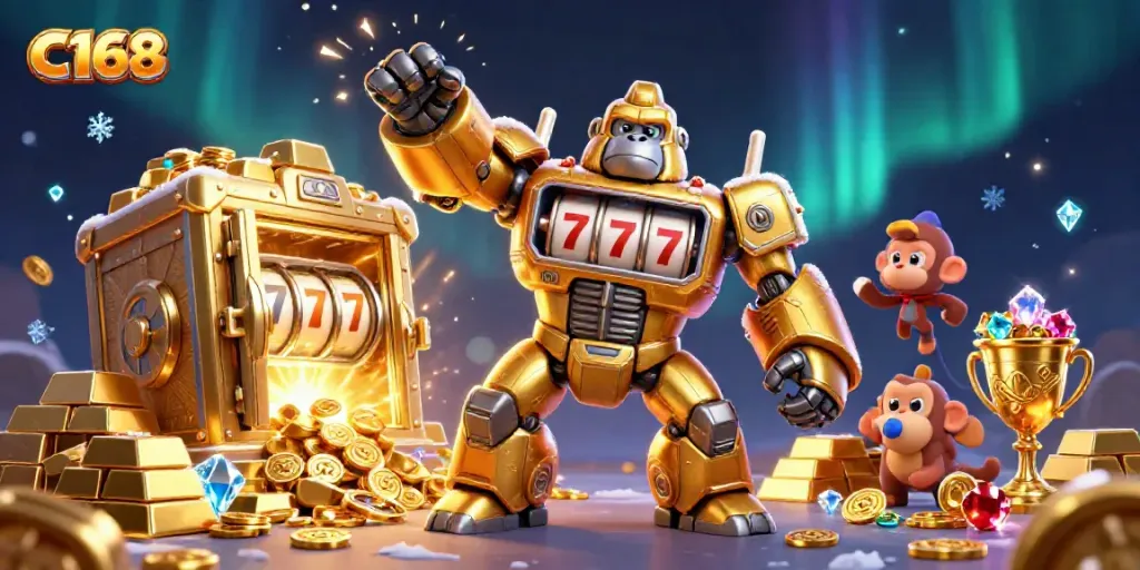 Experience the thrilling world of C168 with a dynamic 3D golden gorilla mech amidst rolling jackpot action!