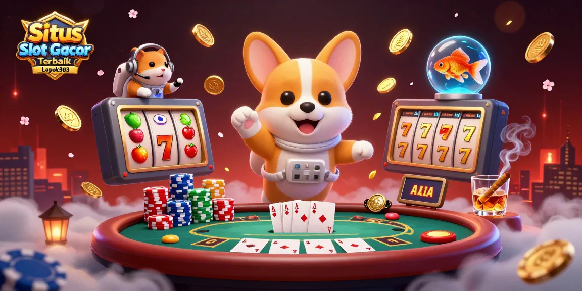 Situs Slot Gacor Terbaik Lapak303 showcases an astronaut corgi enjoying gambling in a dazzling casino scene with floating coins.