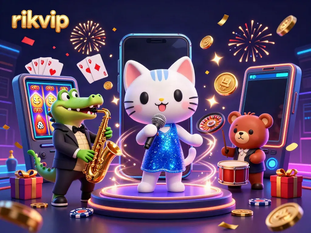Experience joy at RIKVIP with a lively performance from a jazzy cat, cool crocodile, and teddy bear amidst colorful casino games.