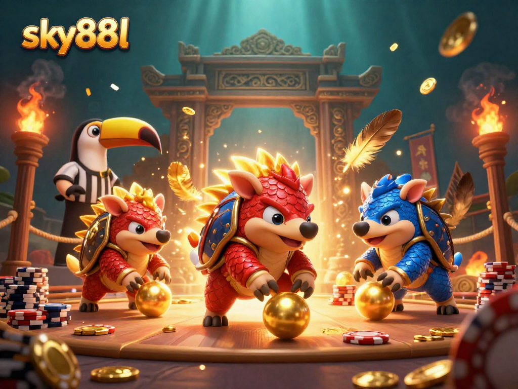 Engage in dynamic gameplay at sky88l, featuring lively pangolins in a rich casino scene.