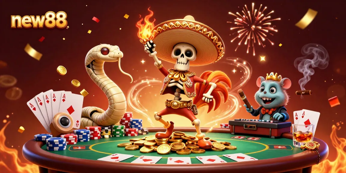 Experience thrilling gameplay with new88, featuring a vibrant scene of a victorious skeleton mariachi on gold coins.