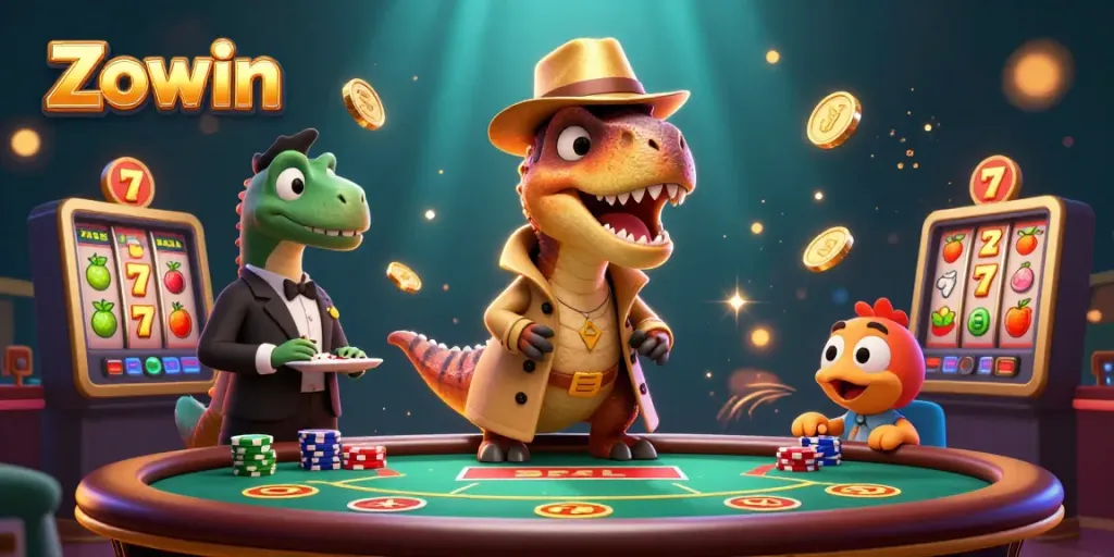Zowin enhances gaming with a cartoon velociraptor at a blackjack table surrounded by slot elements.