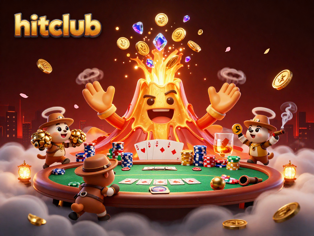 Hitclub's vibrant casino scene showcasing erupting volcano, treasure hunters, and poker excitement.