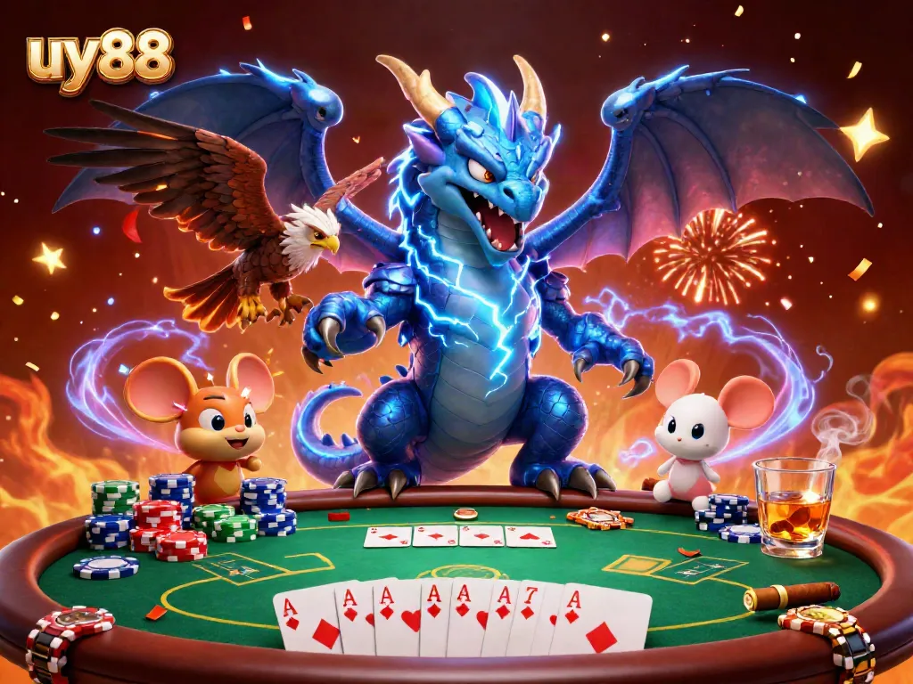 Engage in thrilling gameplay at uy88 with poker, animated characters, and festive atmosphere.