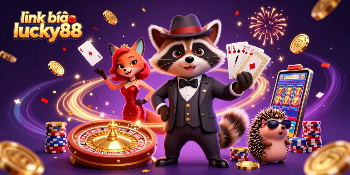 Experience the excitement of link vào lucky88 with a dynamic casino scene featuring animated characters, sparkling gems, and vibrant casino elements.