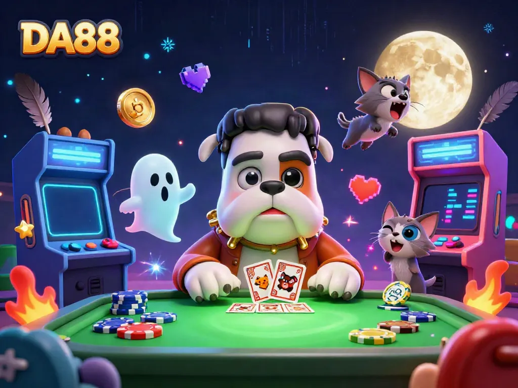 Experience thrilling gameplay at DA88 with a Frankenstein bulldog monster and mystical characters in a cockfighting arena.