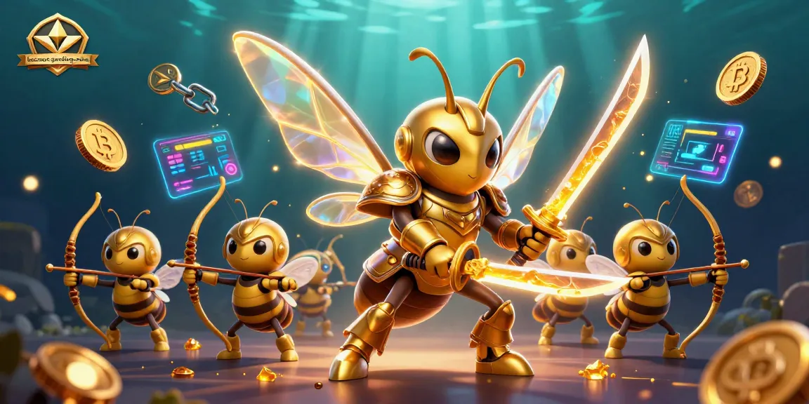 Baccarat-gambling-online showcases an exciting casino scene with a golden hornet samurai and bee archers among crypto coins.