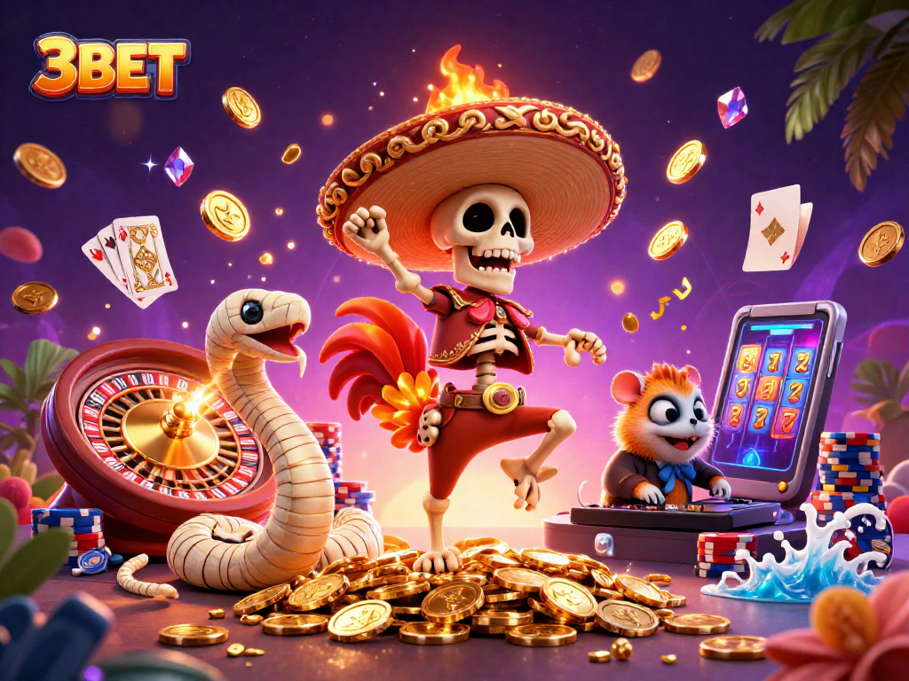 Celebrate wins with 3BET's vibrant casino scene featuring dynamic characters and rich gaming elements.