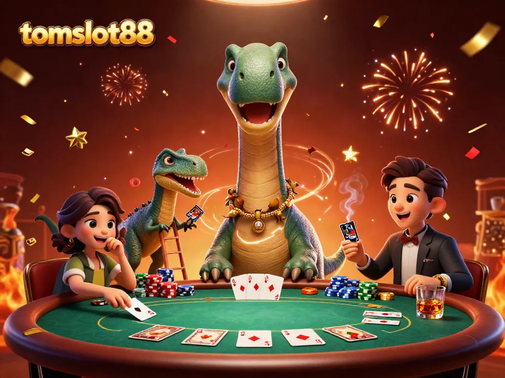 Win big with tomslot88 at the vibrant casino scene featuring giant characters and poker excitement.
