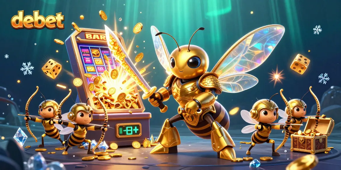 Engage with debet's thrilling slot experience featuring unique golden hornet characters amidst a jackpot explosion.