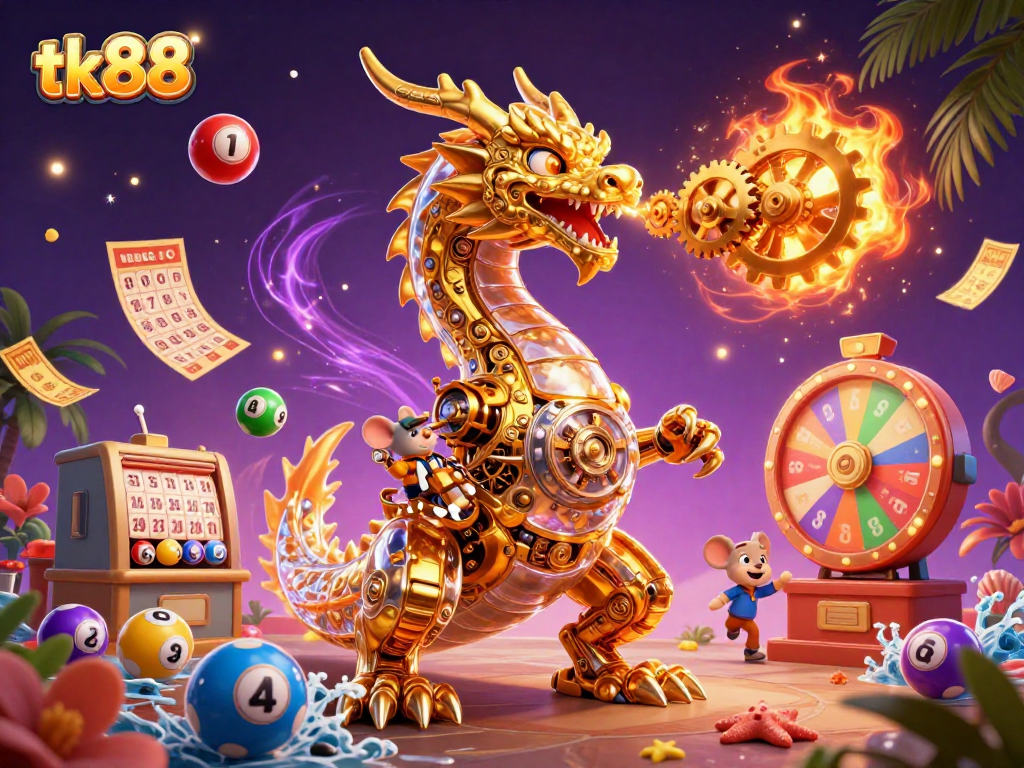 tk88 illustrates a dynamic casino scene with a golden dragon and vibrant game elements, promoting excitement.