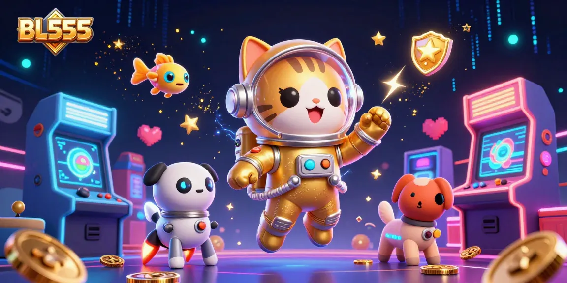 Experience the thrilling adventures of BL555, featuring unique 3D characters and vibrant casino game elements.