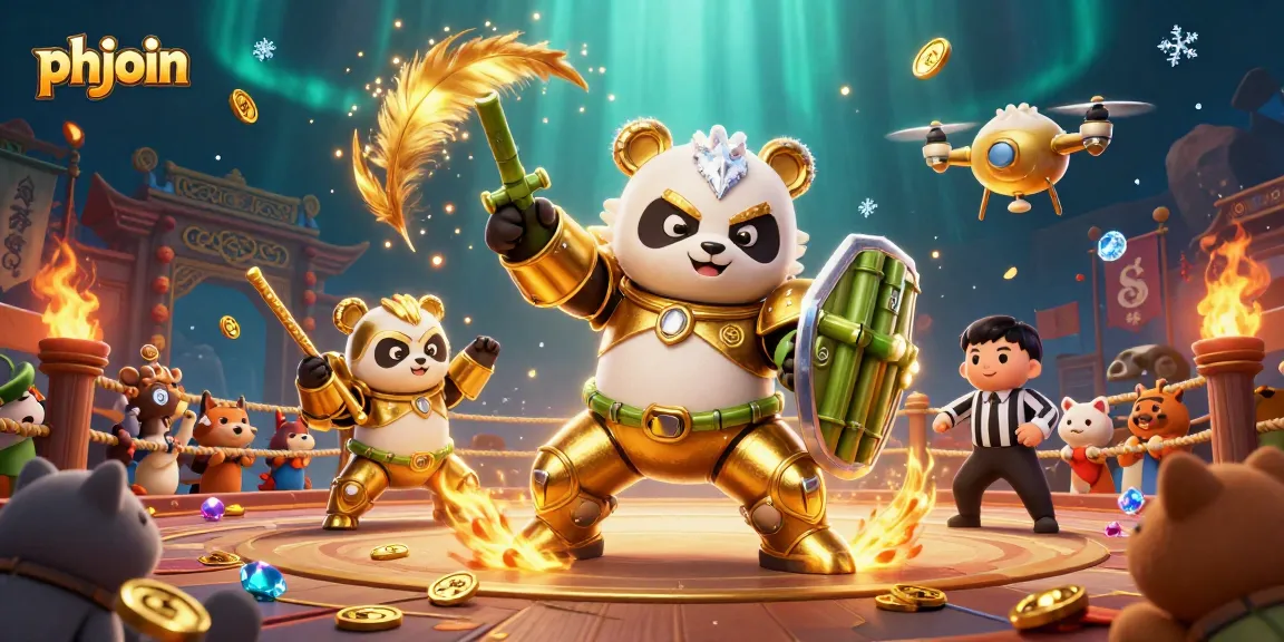 Engage in thrilling betting strategies at phjoin with a dynamic 3D gambling arena scene featuring a golden panda.