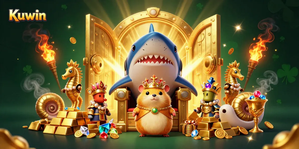 Kuwin casino showcases a golden hamster king on a shark throne surrounded by treasure and seahorse guards.