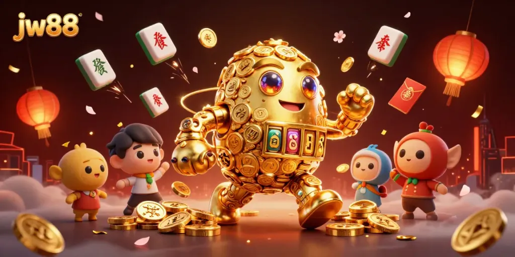 Engage with jw88's dynamic casino experience featuring a golden golem and floating game elements.