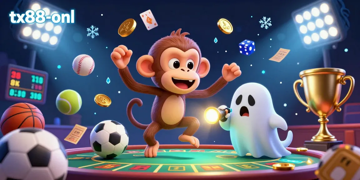 Engaging 3D illustration where tx88-onl showcases a playful poltergeist monkey juggling in a haunted casino, surrounded by golden sports elements.