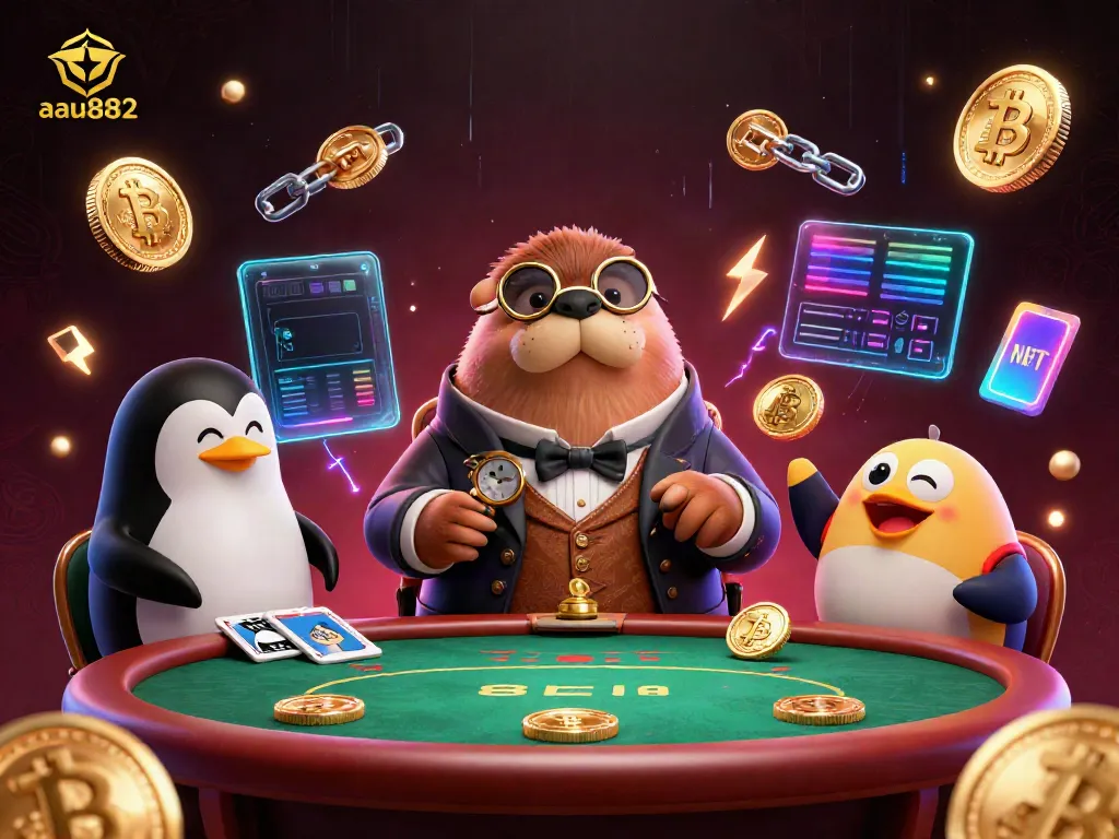 Join the underwater poker game at aau882 featuring a walrus, penguin dealer, and a pufferfish player bluffing.